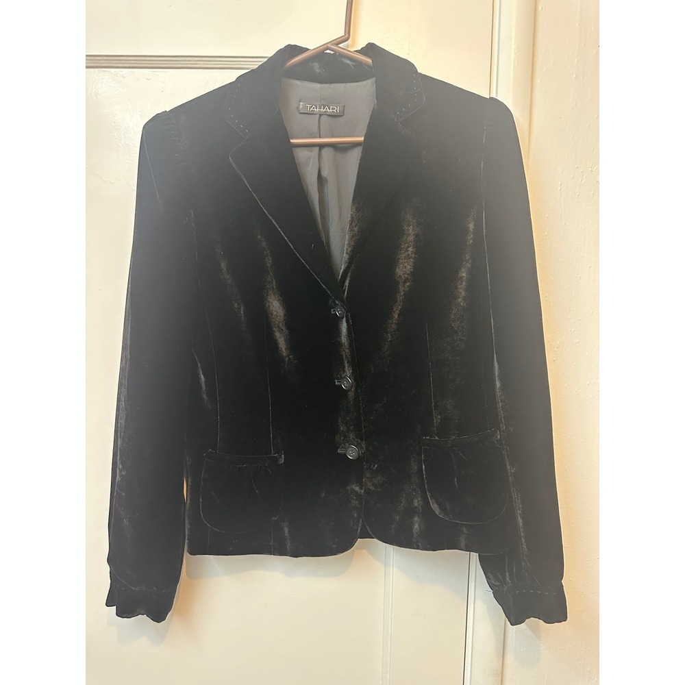 Tahari Black Silk Blend Velvet Blazer Jacket M98CT127 Womens 3 Button Tailored